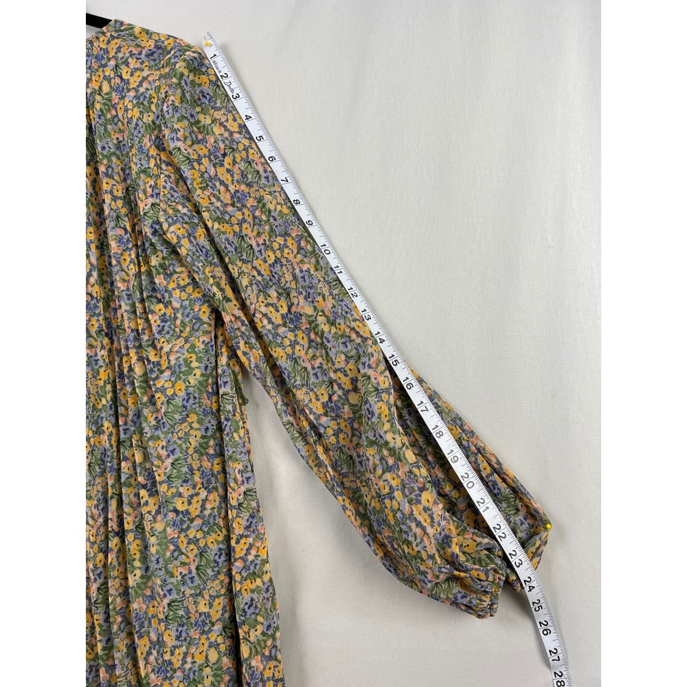 Zara Mini Dress Womens XS Green Floral Pleated Shift Tie Neck Cottage Core - Picture 9 of 11